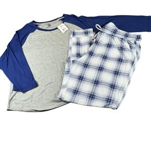 Eddie Bauer Sleep Womens Pajama Set Blue Grey Plaid Raglan Top Pants L NEW